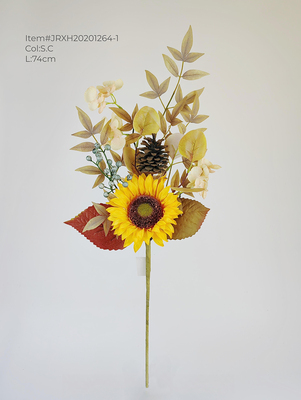 Decorative artificial autumn sun-flower spray with hydrangea, cherries and pine-cone