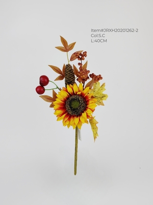 Autumn sunflower branch with pine cone,mixed berries and maple leaves
