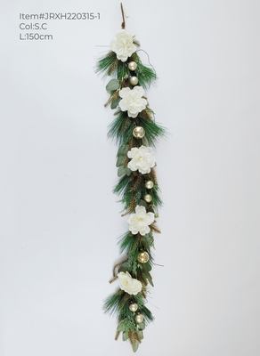 X'mas peony and pine leaves garland with golden xmas balls